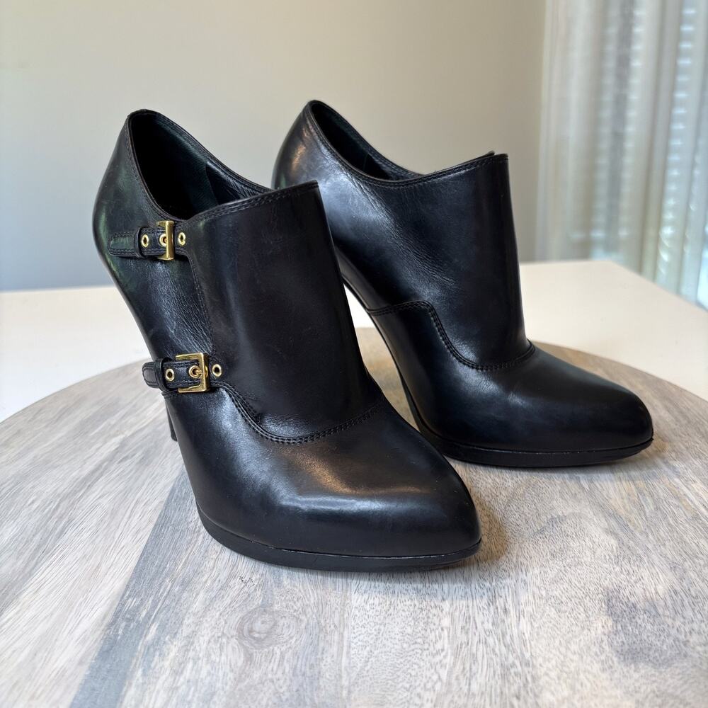 Tom Ford Black Leather High Heel Booties EU Sz 37 Gold Buckle Italy Sexy US 6.5